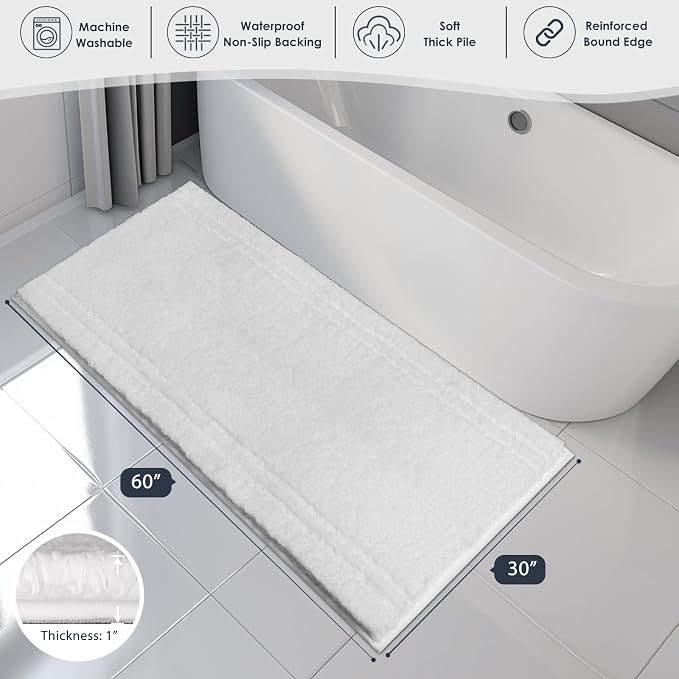 PURRUGS Bathroom Rug, Bath Mat, 30" x 60", White | Machine Washable, Non-Slip, Waterproof TPR Backing, Super Absorbent, Quick Dry, Bath Rug for Shower, Bathtub, and Sink