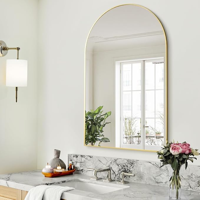 BEAUTYPEAK 24"x36" Arch Bathroom Wall Mirror, Gold | Wall Mounted Vanity Metal Frame Mirror for Bedroom, Entryway, Living Room, Fireplace