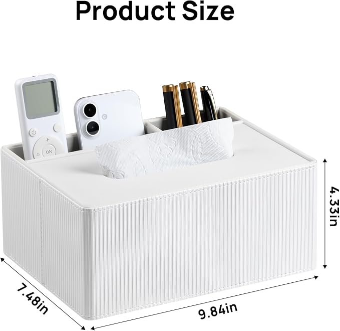Tissue Box Cover Rectangle PU Leather Tissue Box Holder Rectangular (Ivory) | 2 Storage Compartments, Soft Velvet Lining, Aesthetic Stripes, For 120(3-Ply)/160(2-Ply) Tissue Box