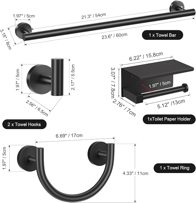 TURS 5-Pieces Matte Black Bathroom Hardware Accessories Set 23.6inch SUS304 Stainless Steel Towel Bar Set Wall Mounted Toilet Paper Holder with Shelf