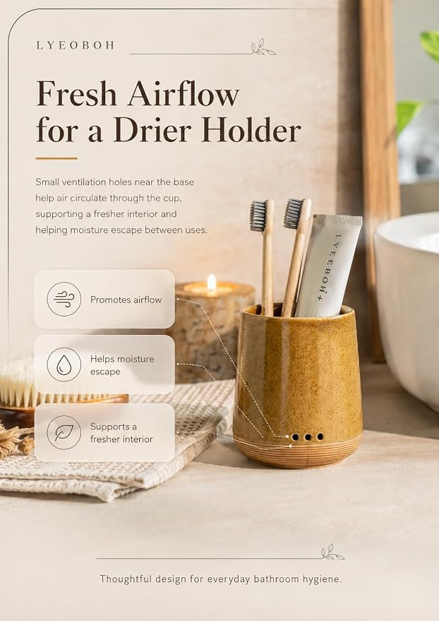 LYEOBOH Toothbrush Holder, Toothbrush Storage, Toothbrush Cup Yellow | Ceramic Toothpaste and Toothbrush Holder, Farmhouse Tooth Brush Organizer for Bathroom Counter & Shower