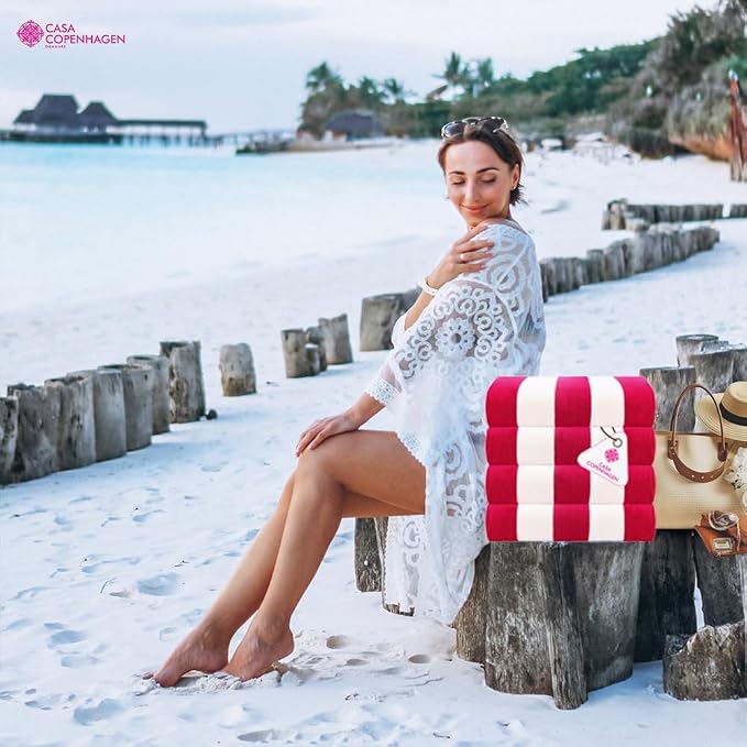 CASA COPENHAGEN Cabana Towel 4Pcs Pink Designer Stripe Beach Towels Gift Set, 30"x60" Oversized 100% Cotton Pool Bath Towel for Beach Gift Set (Perfect Summer Gift Set for Women & Men)