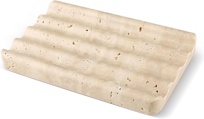 Karibiber Marble Soap Dish, Beige Travertine Bar Soap Holder Shower, Large Bathroom Soaps Saver, Easy Cleaning Natural Stone Sponge Holder for Kitchen Sink, Executive Jewelry Ring Tray