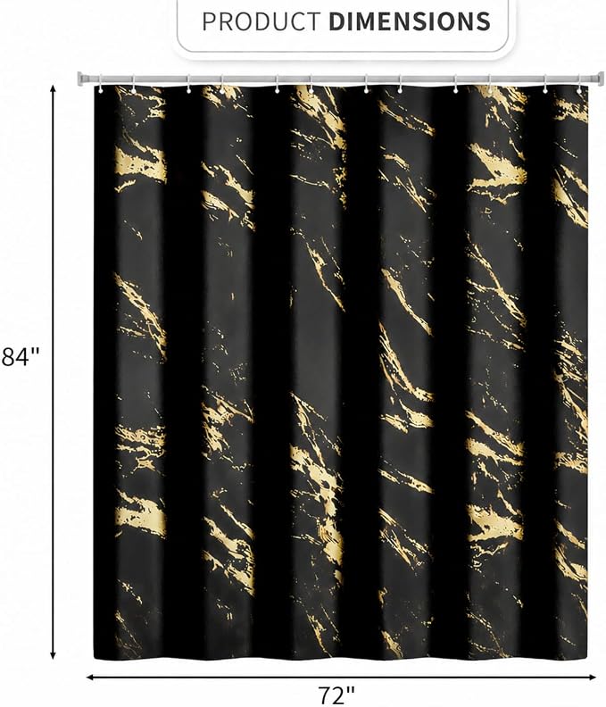 Black and Gold Shower Curtain 72 x 84 Inch, Extra Long Black Marble Shower Curtain, Modern Fabric Shower Curtains for Bathroom, Water Resistant Bath Curtain Set with Hooks, Black Gold Texture