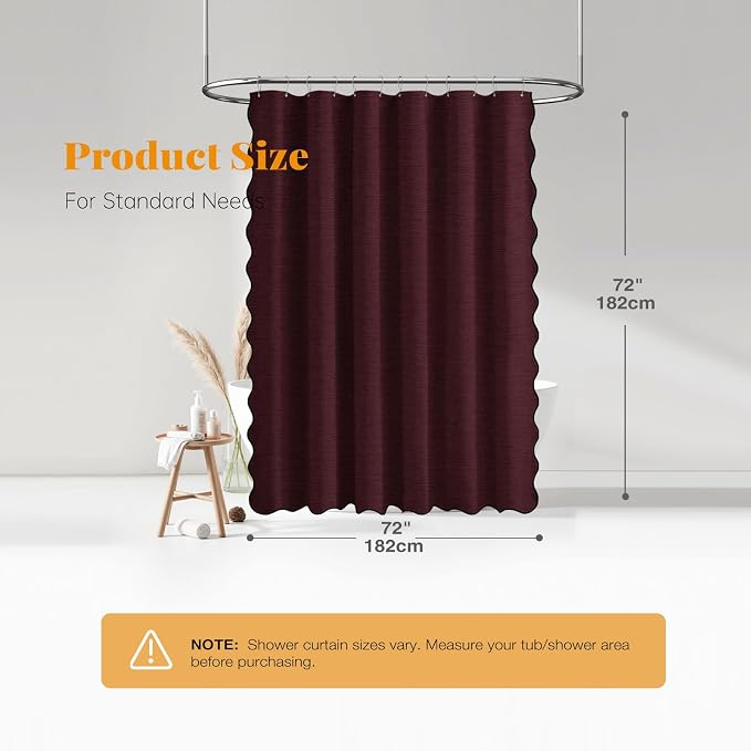 Burgundy Boho Scalloped Linen Textured Cloth Shower Curtain Set, 72x72 | 230GSM Waterproof Polyester, Heavy Duty Fabric, 12 Plastic Hooks, Modern Farmhouse Style, Machine Washable, Bathroom Decor