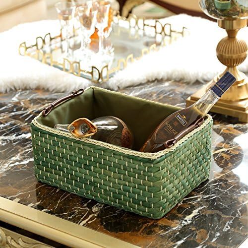 Basket Woven Maize Straw Storage with Handle, Kingwillow(Rectangular,Green Small:12.60"Lx8.66"Wx5.51"H)