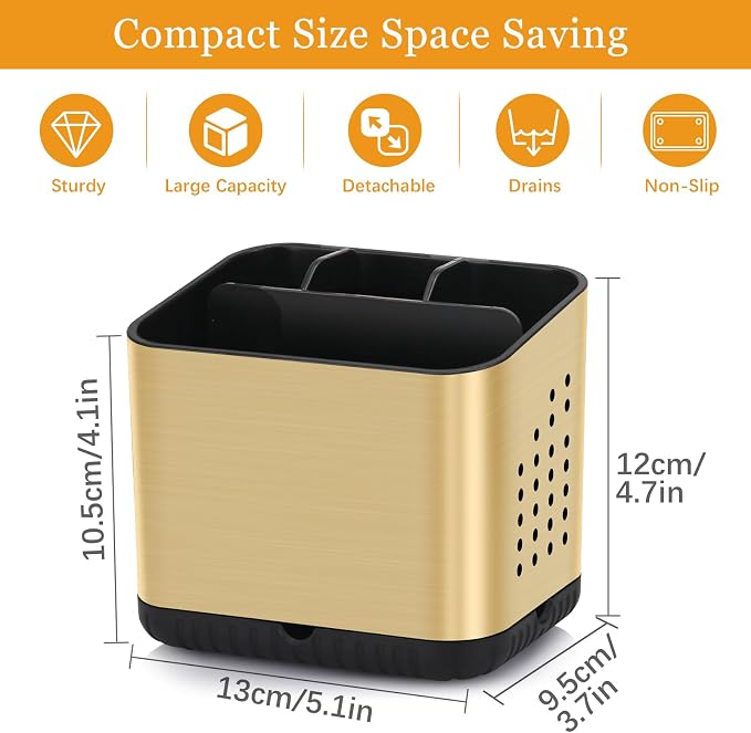 Tooth Brush Holders for Bathrooms, Toothbrush Organizer (Brushed Gold) | Easy To Clean, Drainage, Removable, Non-Slip, 4 Slots ToothBrush Holder for Bathroom Countertop Organizer