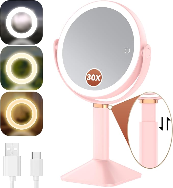 Lighted Makeup Mirror with Lights and Magnification 30X/1X, Height Adjustable 30X Magnifying Vanity Mirror with 4000mAh Battery & 3 Colors Dimming Light for Desktop Bathroom Bedroom (Pink)