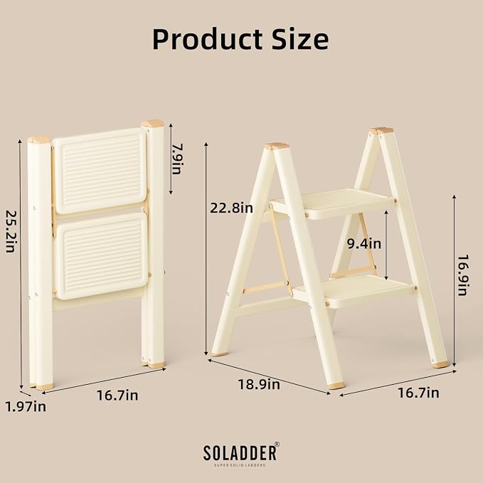 2 Step Ladder, Folding Step Stool, Cream Chocolate | Wide Anti-Slip Steps and a Foldable, Space-Saving Design for Adults to Use in Kitchens, Closets, Library,300 lbs