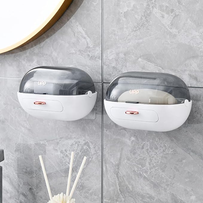 1Pc Shower Soap Dish Holder with Lid, Bar Soap Container with Drain | Wall Mounted Soap Box Container for Shower, Bathroom, Bathtub, Kitchen Sink, Adhesive Included
