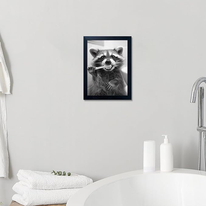 Raccoon Wall Decor Animal Bathroom Wall Art Black and White Raccoon Brushing Teeth Print Picture Wood Framed Farmhouse Washroom Decor Art