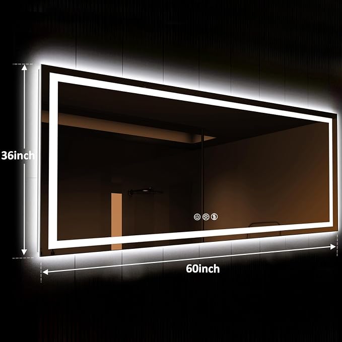 ROOMTEC 60x36 Inches LED Bathroom Mirror with Lights, Vanity Mirror with Front and Backlight, Smart Dimmable Anti-Fog LED Mirror for Bathroom, Memory Function, Tempered Glass (Horizontal)