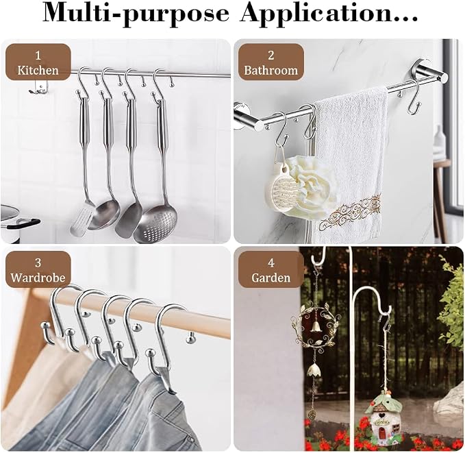 Shower Curtain Hooks, Set of 12 Rust Proof S Shaped Decorative Shower Curtain Rings,Multi-Purpose Hangers S Hooks (Chrome)