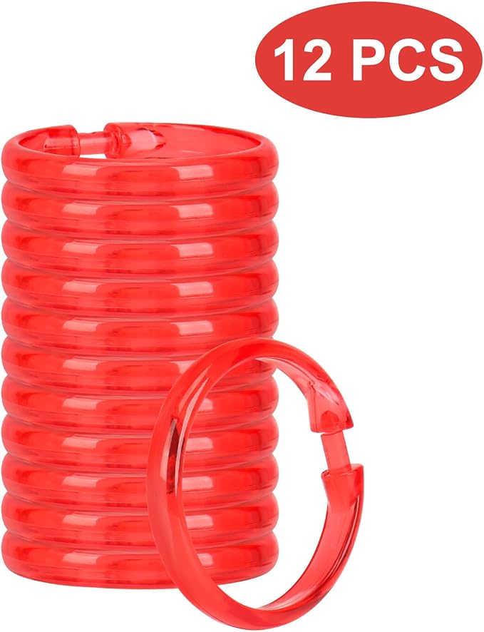 Red Shower Curtain Hooks - 12 Pcs Circular Plastic Shower Curtain Rings for Bathroom - O Shaped Transparent Red Shower Hooks Rings for Shower Curtain Rod