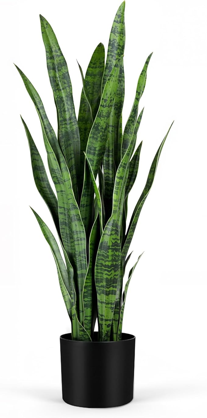 KOL 3ft 2-Pack Artificial Snake Plant - Thick Lifelike Leaves, Faux Silk Sansevieria for Indoor Home & Garden Decor, 35in Potted Fake Mother-in-Law's Tongue Plants, Green