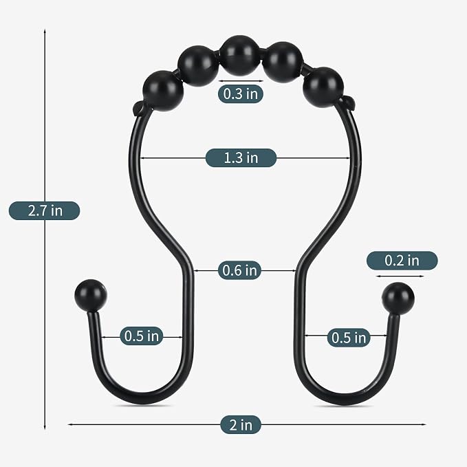 Shower Curtain Hooks, OEH Shower Curtain Rings, Black Shower Curtain Hooks Rust Proof, Smooth Gliding Metal Shower Curtain Rings Rust Proof, Double Shower Rings for Curtain, 12 Pcs, Black