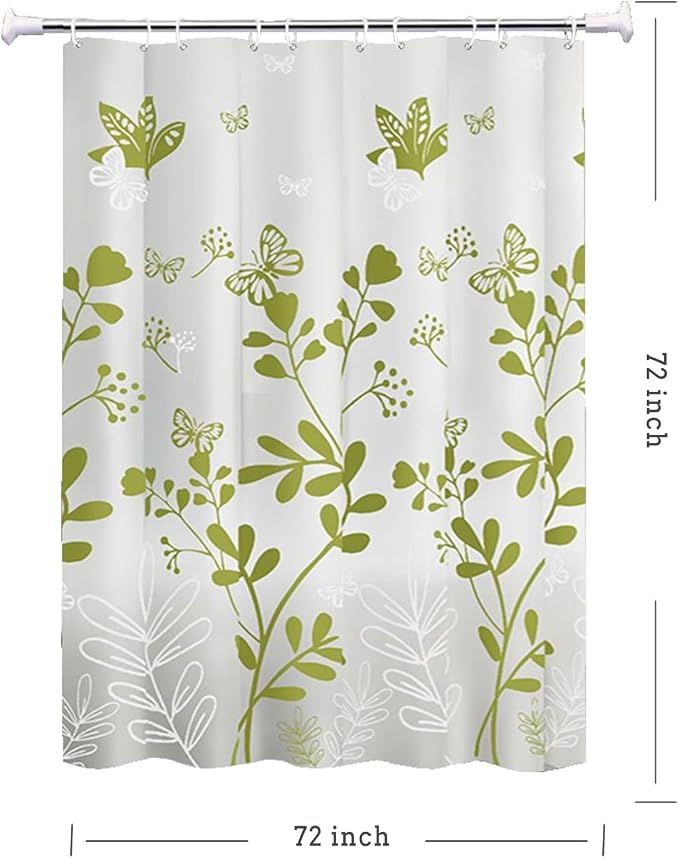 TIKABC Shower Curtain Liner, 4G PEVA Green Butterfly Shower Liner, Plastic Waterproof Shower Curtains, 72x72 inch with Grommet Holes 3 Magnetic Weights