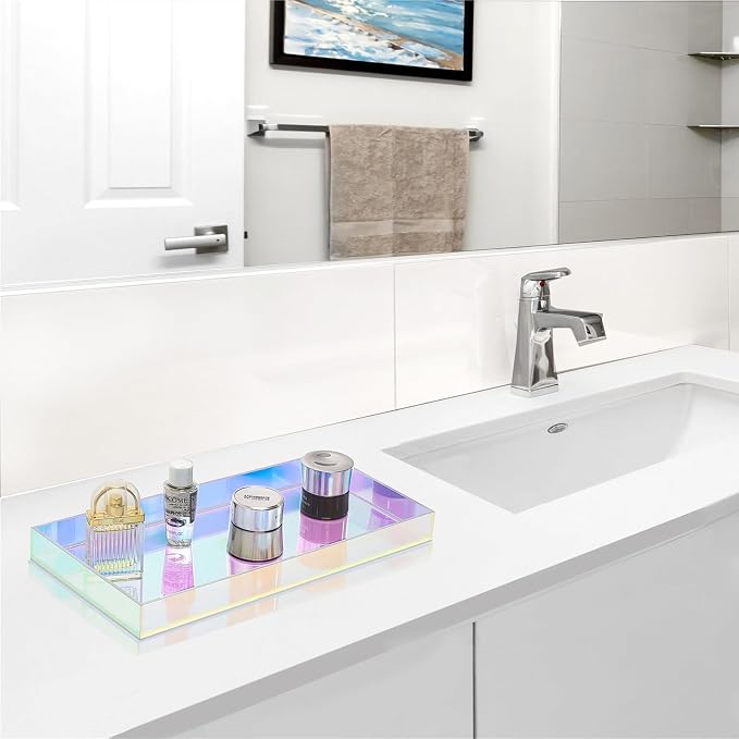 ROYALITA Acrylic Tray for Countertop, Guest Towel Holder Tray for Bathroom | Vanity Trays for Napkin Perfume Jewelry Makeup, Bathroom Tray for Soap Dispenser, Aromatherapy, Cup & Candle, Iridescent