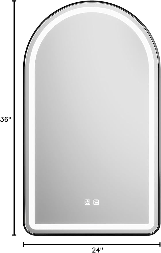 Arched Bathroom Mirror 24"x36", Black, LED Tempered Glass | arch led bathroom mirror black wall mounted vanity lighted tempered glass dimmable anti fog metal frame