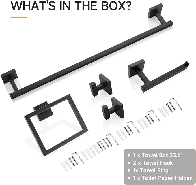 TQKAG 5-Piece Towel Bar Set, 23.6 Inch Bathroom Hardware Set, Matte Black | SUS304 Stainless Steel, Towel Rack for Bathroom, Classic Toilet Paper Holder Wall Mount, Matte Black Bathroom Accessories