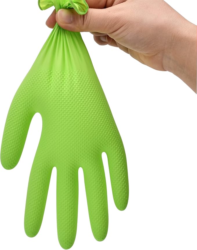 Heavy Duty Industrial Nitrile Gloves with Raised Diamond Texture, 8-mil, Latex Free (Green/Dark Green/Yellow)