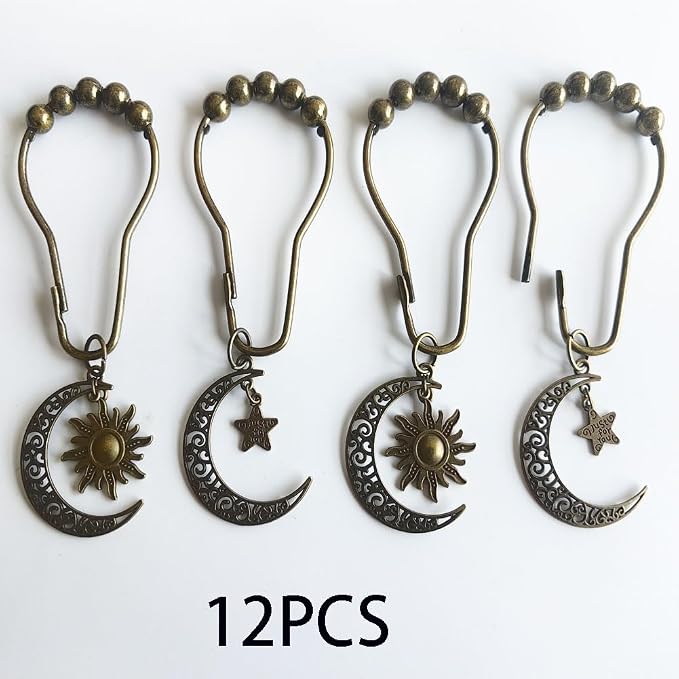 Decorative Moon Shower Curtain Hooks Set of 12 for Bathroom Shower Rods | Rustproof Curtain Rings with Vintage Moon Suns Stars Celestial Bodies Gothic Mystic Boho Theme Bathroom Decor, Bronze