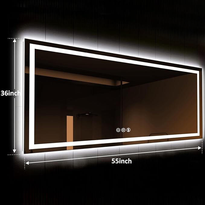 ROOMTEC 55x36 Inches LED Bathroom Mirror with Lights, Vanity Mirror with Front and Backlight, Smart Dimmable Anti-Fog LED Mirror for Bathroom, Memory Function, Tempered Glass (Horizontal)