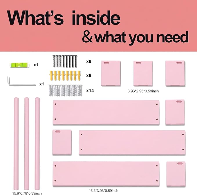 Fixwal Floating Nursery Book Shelves for Wall, 16.5in, Set of 3, Pink | Solid wood shelves store kids' books, toys and clothing. Fits kids' room, playroom, nursery, living room, bedroom & bathroom.