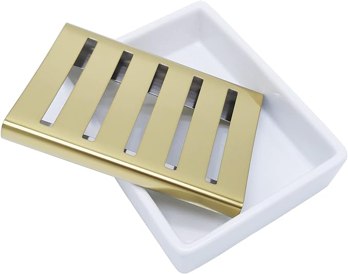 Ceramic Soap Dish, Bar Soap Holder for Shower, Bathroom Soap Dishes | Stainless Steel Shower Soap Holderr, Gold Soap Dishes for Bathroom, Double Layer Draining Soap Tray, Soap Box, Soap Saver