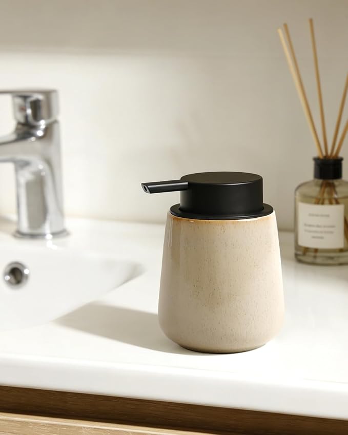 BosilunLife Ceramic Soap Dispenser - Dish Soap Dispenser for Bathroom 12Oz | Refillable Liquid Hand Wash Dispenser for Essential Oil, Lotion Soap, Greige with Speckle