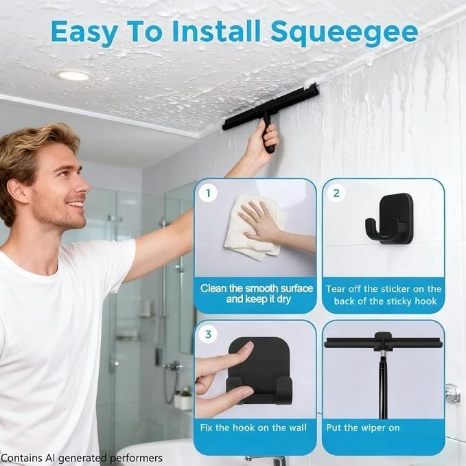 Black Telescopic Shower Squeegee for Glass Doors, Tile Shower Walls. Comes with Suction Hook, Great for Shower Glass