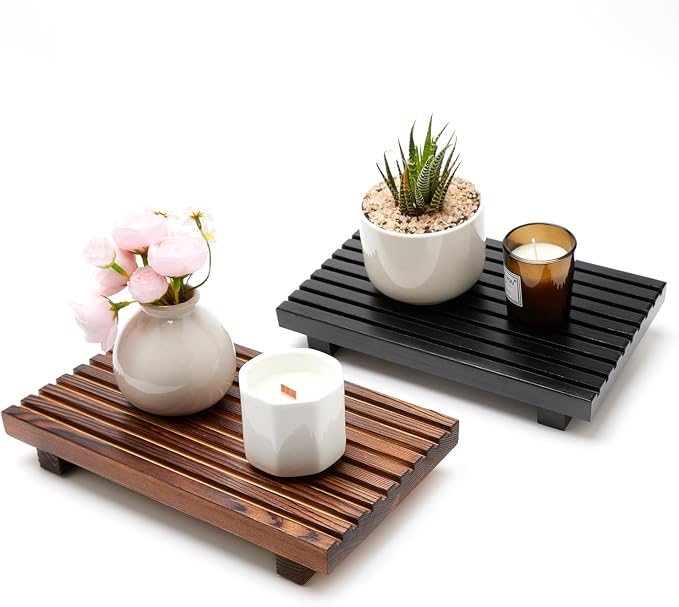 Farmhouse Bathroom Counter Organizer Wooden Display Stand Kitchen Tray | Small Counter Trays Decorative Wood Riser Pedestal Dish Soap Dispenser Holder for Bathroom Decor Sink Accessories Vanity Tray