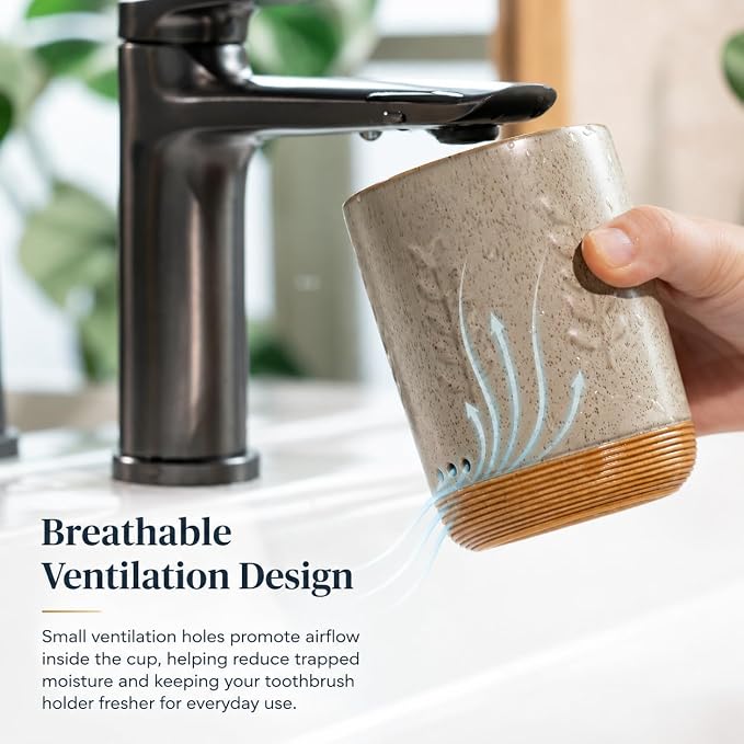 LYEOBOH Toothbrush Cup, Toothbrush Holder, Toothbrush Holder for Bathroom | Ceramic Single Toothbrush Holder, Tooth Brush Organizer with Drainage, Multi-use Toothbrush Storage for Family & Kids, Green