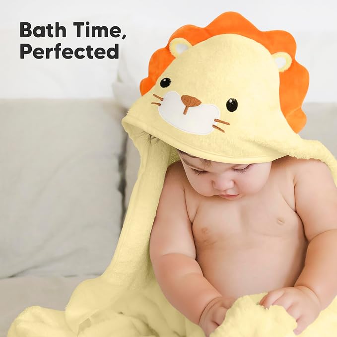 KeaBabies Hooded Baby Towel for Newborn, Baby Bath Towels (Lion, 35x35) | Viscose Derived from Bamboo, Large Baby Towels with Hood, Boys, Girls, Toddler, Soft Absorbent Baby Bath Essentials
