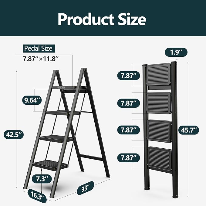 4 Step Foldable Step Stool, 330lbs Load, Black | Folded 46'' H x 2'' T; Net 12.5 lbs; Anti-Slip Feet Grip Wood, Tile, Carpet; Wide Pedals; For Shelves, Repairs.