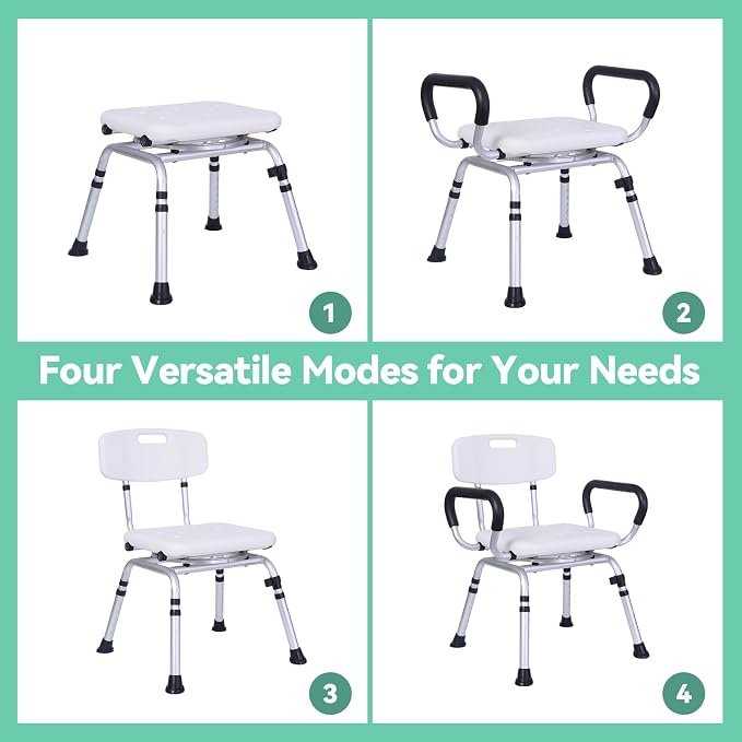 Swivel Shower Chair for Inside Shower, 400 lbs, Adjustable Height | Heavy Duty Non-Slip Shower Stool, Bath Seat with Removable Back and Arms, Safety Shower Stool for Seniors and Disabled