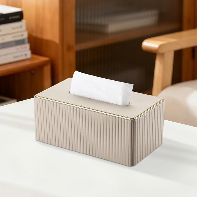 Rectangular Tissue Box Cover, PU Leather Tissue Box Holder with Magnetic Bottom, Napkin & Facial Tissue Holder Dispenser Decorative Box Cover for 120-count (3-Ply) 160-count (2-Ply) Beige