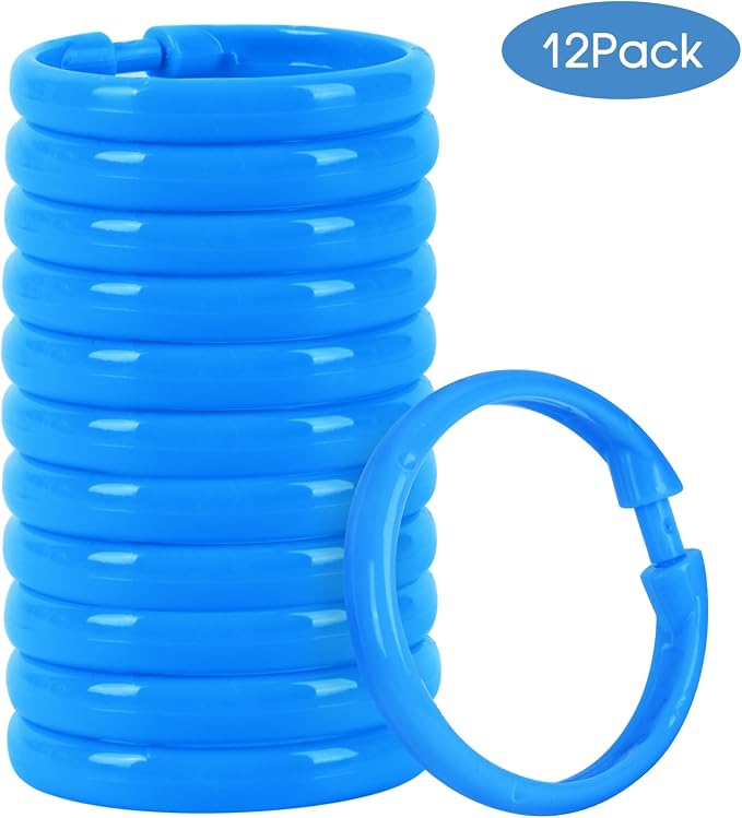 Blue Shower Curtain Hooks - 12 Pcs Circular Plastic Shower Curtain Rings for Bathroom - O Shaped Blue Shower Hooks Rings for Shower Curtain Rod