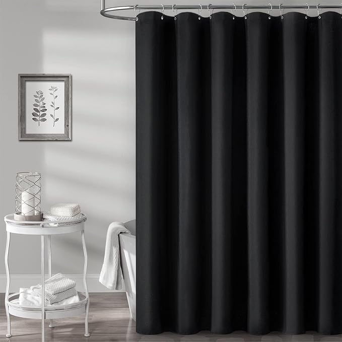 84x72 Wide Linen Textured Waterproof Cloth Thick Shower Curtain, Black | Wide Size, 230GSM Polyester, Heavy Duty Fabric, Weighted Hem, 14 Plastic Hooks, Modern Luxury Hotel Style, Machine Washable