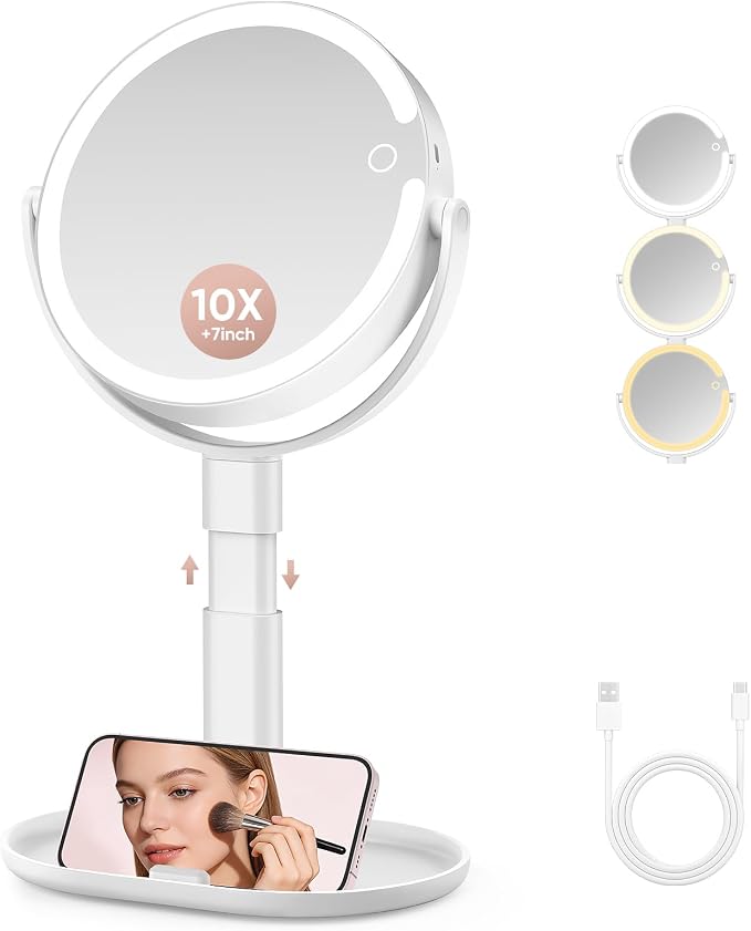 Rechargeable Lighted Makeup Mirror, 10X Magnification, 7 Inch | 3 Adjustable Light Colors, Rechargeable Cordless Design, Adjustable Height, Storage Base with Phone Holder,Touch Control