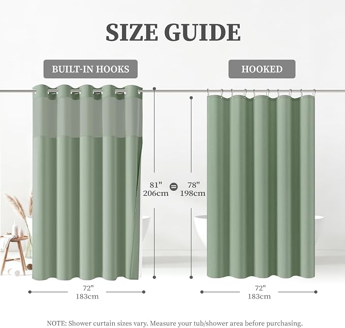 72x81 Ringless Linen Look Shower Curtain with Snap in Liner Sage Green | Tall Size, 3 in 1 Shower Curtain Set, Removable Liner, Waterproof & Washable, Mesh Top Window, Durable Fabric, Easy Setup