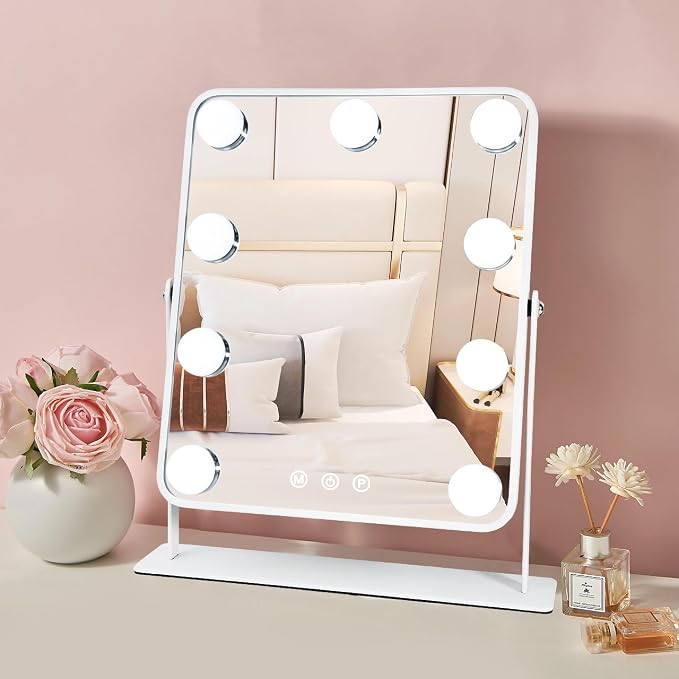 YEKKOPT Vanity Mirror with Lights,Lighted Makeup Mirror with 9 LED Bulbs, Light Up Makeup Mirror with Lights for Dressing Room & Bedroom,Smart Touch Control,360 Rotation
