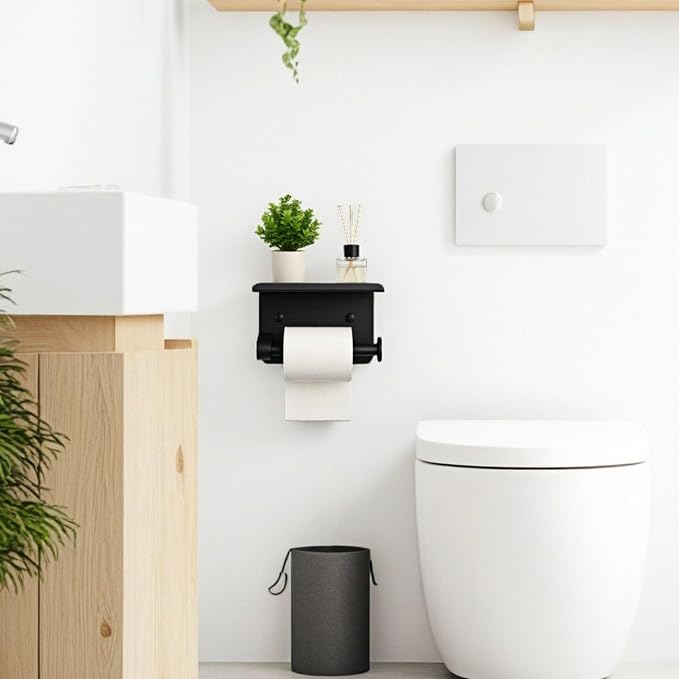 Black Toilet Paper Holder with Shelf - Rustproof Stainless Steel Wall Mount or Self Adhesive Bathroom Tissue Roll Holder - Fits Mega Rolls, for Bathroom, Washroom, Kitchen & RV Decor
