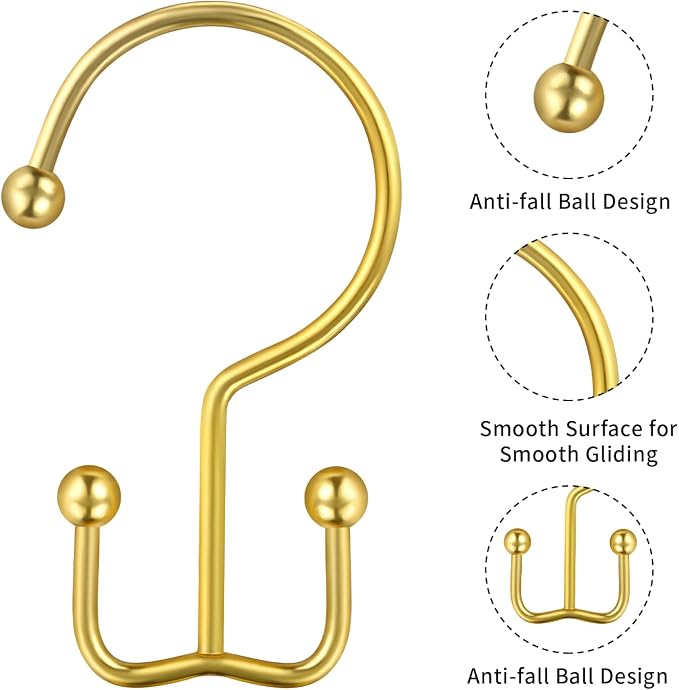 CHICTIE Gold Shower Curtain Hooks, Double Shower Curtain Rings, Stainless Steel Shower Curtain Hooks Rings Rust Proof, Anti-Drop Shower Hooks Hangers for Shower Curtain Rods Bathroom (12 Pack)