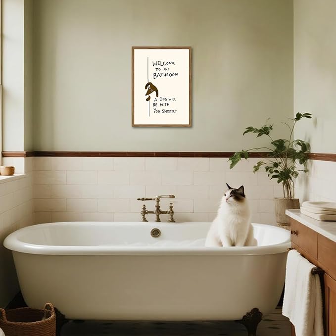 Welcome to the Bathroom Wall Art Funny Dog Bathroom Sign Wall Decor Picture Cute Animal Restroom Quote Poster Canvas Painting Prints 12x16 inch Wood Framed