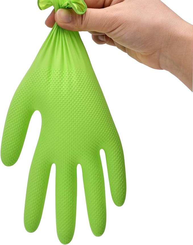 Heavy Duty Industrial Nitrile Gloves with Raised Diamond Texture, 8-mil, Latex Free (Green/Dark Green/Yellow)