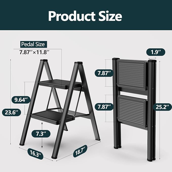 2 Step Foldable Step Stool, 330lbs Load, Black | Folded 26'' H x 2'' T; Net 7.4 lbs; Anti-Slip Feet Grip Wood, Tile, Carpet; Wide Pedals; For Kitchens, Closets.