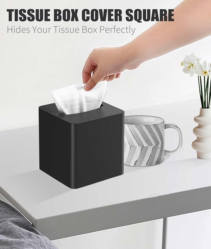 Livelab Tissue Box Cover Square - Oak Wood Tissue Box Holder for Living Room, Dinner Table, Bathroom, Office - Decorative Wooden Cube Facial Tissue Cover for Modern Farmhouse Home Decor | Black
