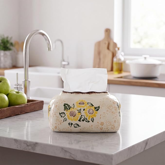 Yalikop Vintage Ceramic Tissue Holder Tissue Box Cover,Sunflower | Floral Retro Rustic Farmhouse Home Decor for Bathroom Vanity Table Living Room Bedroom Kitchen Office