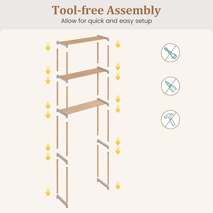 Giantex Over The Toilet Storage Shelf, 3-Tier Pine Wood Space-Saving Above Toilet Shelf Rack, Freestanding Over Toilet Bathroom Organizer for Laundry, Balcony, Restroom